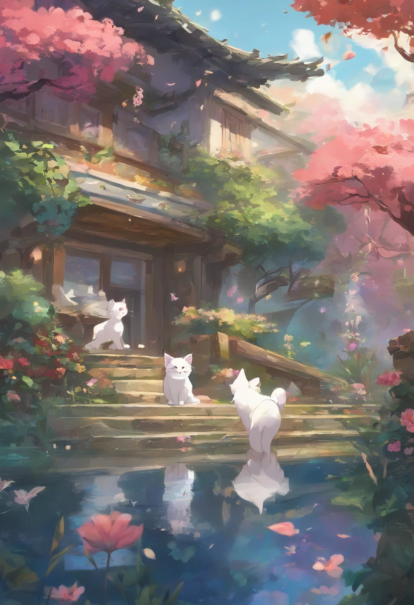 This scene is very fascinating。A girl and a white kitten are in a beautiful garden。 The girl is looking at the white kitten with amusement。The white kitten is having fun trying to catch a butterfly。 The garden is decorated with lush greenery and colorful flowers.。The garden is bathed in spring sunlight, giving it a warm glow.。A bright number of people surround a white kitten々Butterflies are flying。The flying butterflies create a lively atmosphere.。 The white kitten is expressive、The detailed fur and unique folded ears add to its charm.。The gardens are beautifully maintained、Neatly trimmed bushes and々Various plants are arranged。The stream's crystal clear water reflects the serene environment.、Colorful facade of house in the distance々adds a bit of whimsy to the scene.。 The scene has an atmosphere of tranquility and contemplation.、Expressing the world of high fantasy。Guardian nebula of rainbow light and silvery vapor、The colors of the Corrosive Encirclement Ray family fill the sky、There is a slimy feeling in the air.。A beautiful piece of artwork that exudes a mysterious aura.。