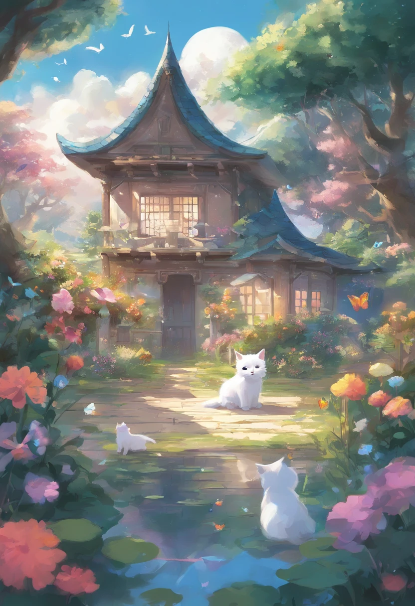 This scene is very fascinating。A girl and a white kitten are in a beautiful garden。 The girl is looking at the white kitten with amusement。The white kitten is having fun trying to catch a butterfly。 The garden is decorated with lush greenery and colorful flowers.。The garden is bathed in spring sunlight, giving it a warm glow.。A bright number of people surround a white kitten々Butterflies are flying。The flying butterflies create a lively atmosphere.。 The white kitten is expressive、The detailed fur and unique folded ears add to its charm.。The gardens are beautifully maintained、Neatly trimmed bushes and々Various plants are arranged。The stream's crystal clear water reflects the serene environment.、Colorful facade of house in the distance々adds a bit of whimsy to the scene.。 The scene has an atmosphere of tranquility and contemplation.、Expressing the world of high fantasy。Guardian nebula of rainbow light and silvery vapor、The colors of the Corrosive Encirclement Ray family fill the sky、There is a slimy feeling in the air.。A beautiful piece of artwork that exudes a mysterious aura.。