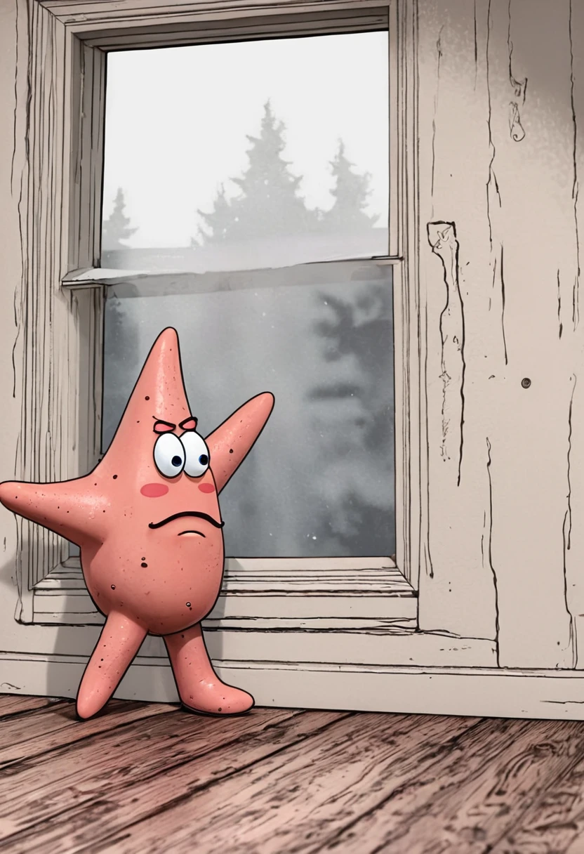 A rotoscope photoshopped overlaid Patrick Star peering from outside wooden pane window, detailed view of background obscured by the surprising Patrick Star taking up window view, Patrick Star sipping and holding a mug of steaming coffee with an unsettling, unnaturally large, unfunny smile. A lines only hand drawn expressive ink comic, harsh ink stroke with ink blot and ink drip subtle flourishes, dutch angle cinematic composition framing of a bedroom with wood floors, a bed, a closet, and an open door to a hallway. Each item in the room is made with rotoscope detail realism, every floorboard has a different grain than the next, and every part of the bed frame and bed are detailed as separate connected pieces. The room is full of objects made up of smaller pieces. Subtle watercolor coloring grading shading.
