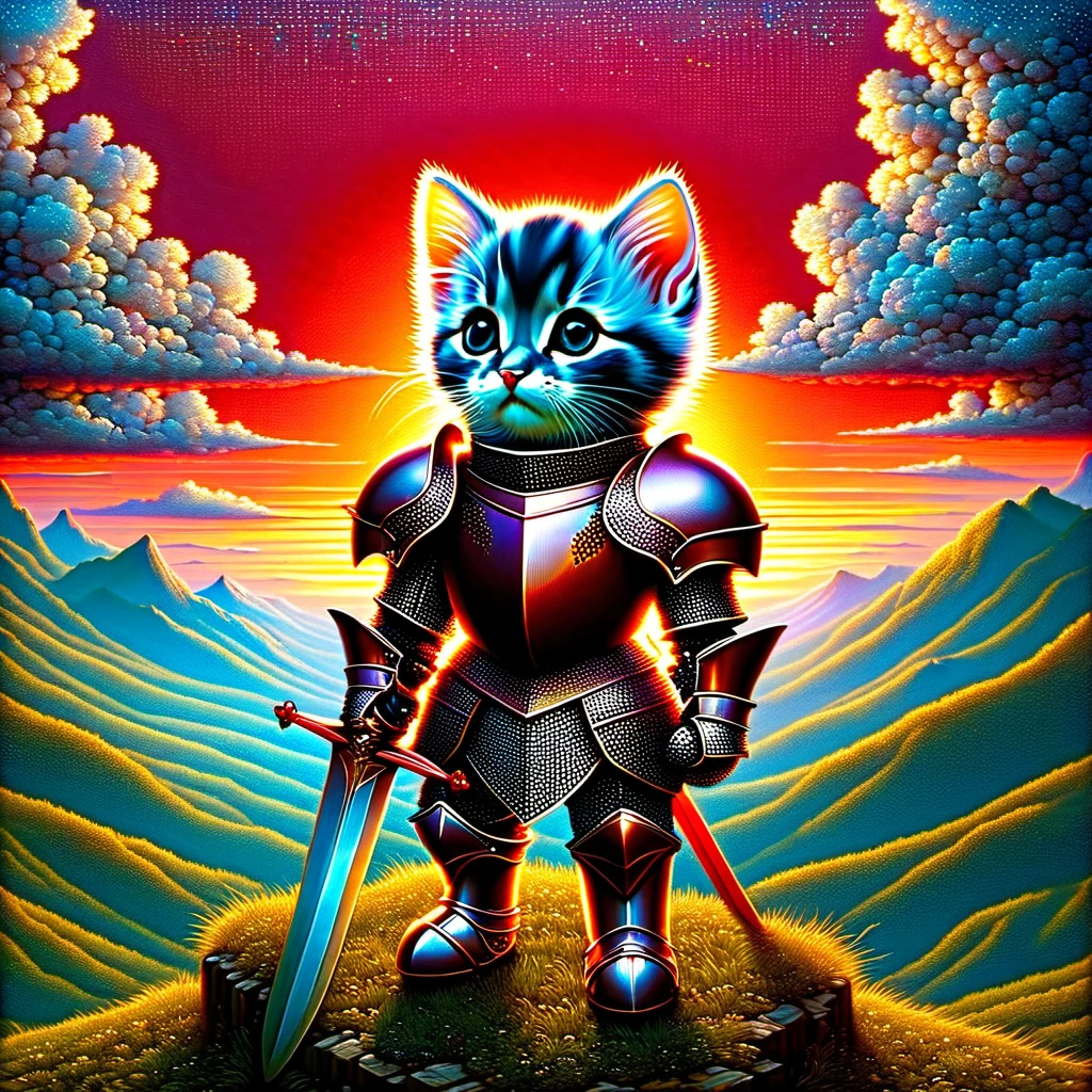 ((top air view)) A cute kitten-knight, made of Iridium armor, knight, cyberpunk crimson sunset, created ((in the style of Albrecht Altdorfer)), Renaissance, pin-dot art,((oil painting knife)), rainessanse older gradient, Complex details, intricate, aesthetics, ((best quality, Masterpiece)),
((Highest detail), Octane rendering, 8K