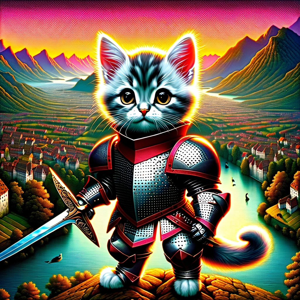 ((top air view)) A cute kitten-knight, made of Iridium armor, knight, cyberpunk  crimson sunset, created ((in the style of Albrecht Altdorfer)), Renaissance, pin-dot art,((oil painting knife)), rainessanse older gradient, Complex details, intricate, aesthetics, ((best quality, Masterpiece)),
((Highest detail), Octane rendering, 8K  