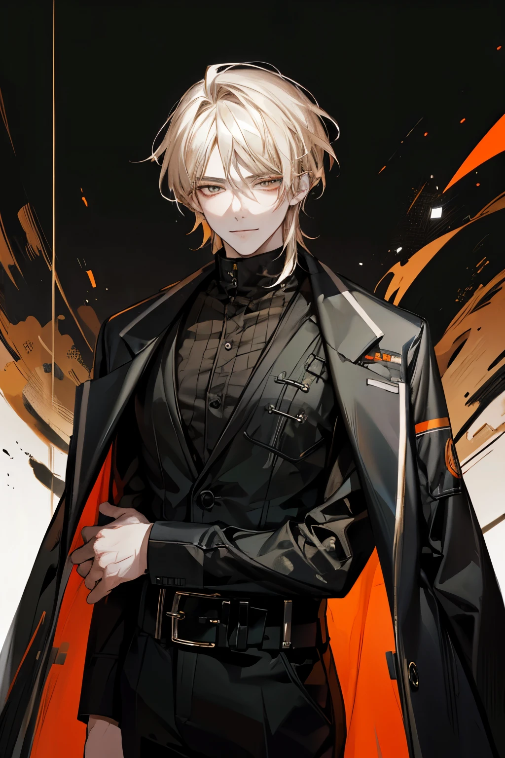 Solo, Male, smirk facial, masterpiece, highres, blonde hair, orange eyes, black shirt, black coat