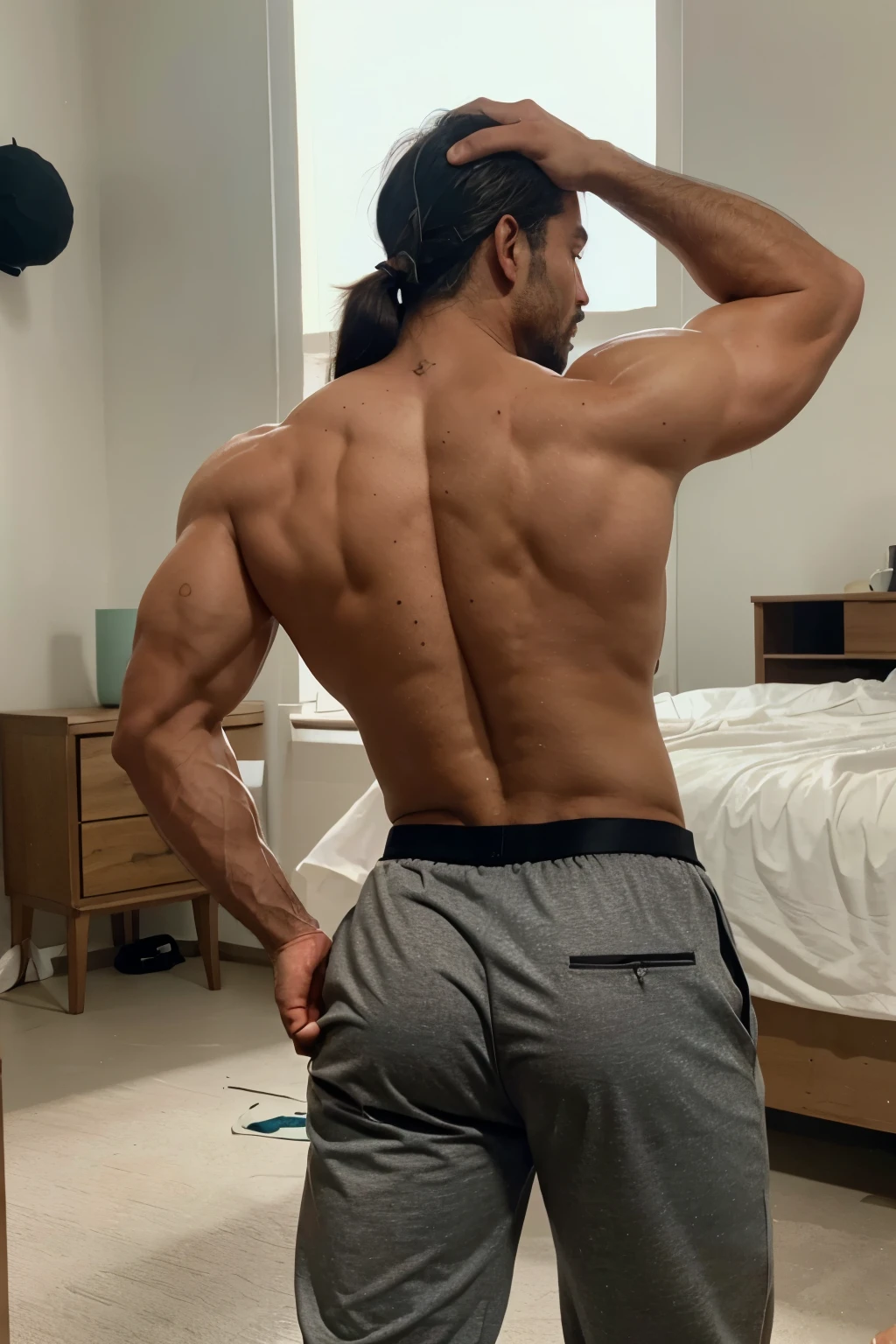 Mexican Man 30 40 years old long hair in a pony tail head slitly back in a state of plasure tall masculine muscular bodi shirtless mariachi pants big bulge hairy chest, muscular arms and vains puping from workout, body 3/4 side wayus we can see his nice bubble but and bulging croth, one hand inside his pants graving his dick, in a room full of man watching him all eges, sexy as Rocco Siffredi style