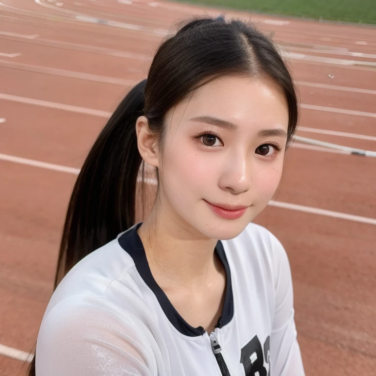 (kawaii 24 year-old Japanese girl, perfect athlete body, Nogizaka idol, Korean idol), (glossy black hair, high ponytail:1.3), (bangs), (rounded face, single eyelid, no makeup, soft smiling:1.2), (wearing track suit:1.3), flat chest, (looking at viewer:1.2), BREAK, (track and field stadium background:1.3), (summer, daytime), sunlight from forward, (dynamic angle:1.3), BREAK, (masterpiece, best quality, photo realistic, official art:1.4), (UHD, 8K quality wallpaper, high resolution, raw photo, film grain, golden ratio:1.2), (shiny skin), professional lighting, physically based rendering, award winning, (perfect anatomy, highly detailed skin textures, extremely detailed face and eyes, well drawn glittering pupils), Carl Zeiss 85 mm F/1.4, depth of field, 1girl, solo,