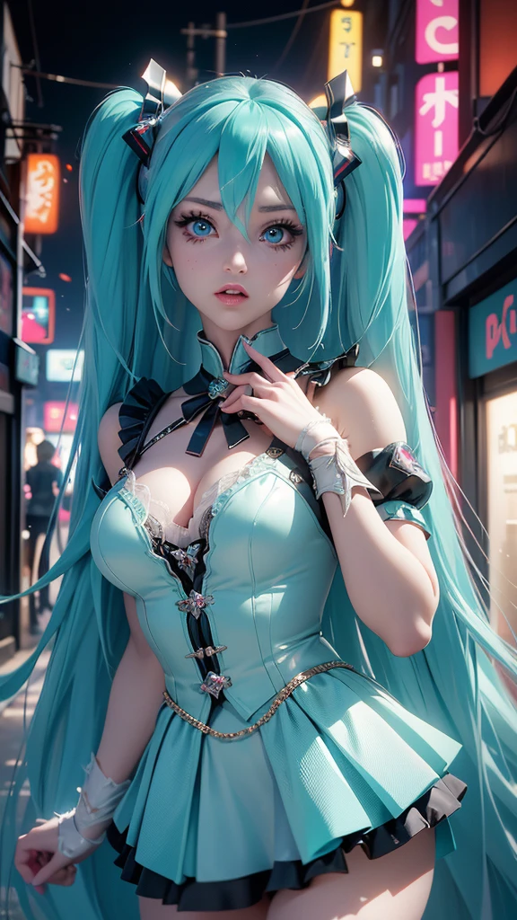 (La best quality,High resolution,super detailed,actual),Grande Ariana, chica anime role play, anime role play, (Hatsune Mikurole play:1.4) , foto de role play, Two white tails_Gloves, role play, Cute anime waifu wearing nice clothes, anime long hair girl, anime goddess, role play elegante y glamoroso, Anime girl dressed as a maid more details 8K.Unreal Engine:1.4,HD,La best quality:1.4, lifelike:1.4, texture:1.4, masterpiece:1.8,masterpiece, best quality,object object], (detailed facial features:1.3),(Correct proportions)(facial details: 1.5, bright blue eyes, pretty face, beautiful eyes, Iris Outline, thin lips: 1.5, thin, sharp pale eyebrows, long, Dark eyelashes, Double label),,  (Cowboy pose), ,( Cyberpunk 2.1), (kawaii locker room :1.4), perfect hands: 1.5, (perfect anatomy), (Tokyo night alley background:1.4) beautiful 、huge breasts:1.4