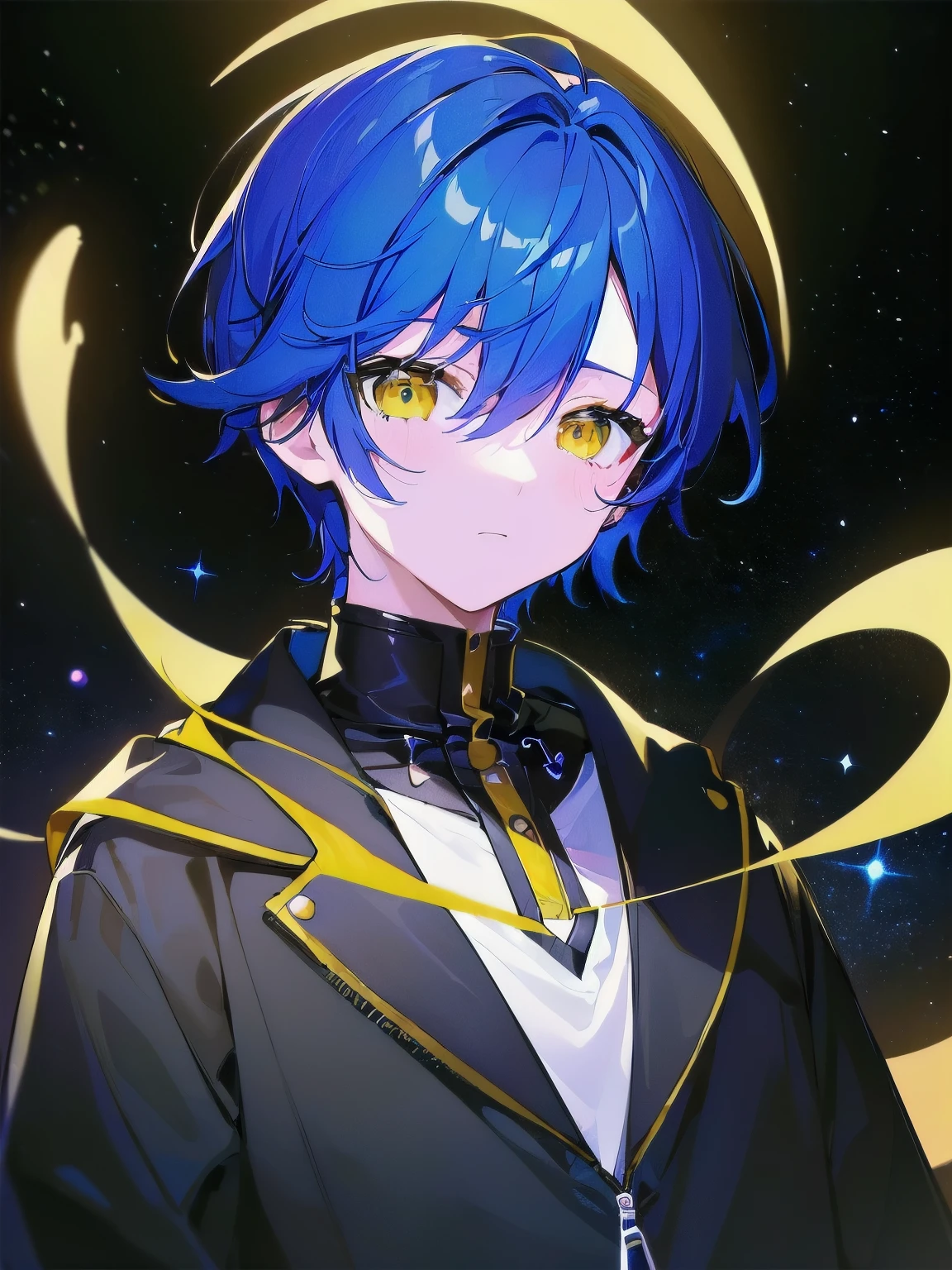 [(BLACK BACKGROUND:1.5),::5], ((((masterpiece)))), high quality, very_high_resolution, large_filesize, full color, ((younger boy)), , short deepblue hair, vivid color, ((yellow eye)), civilian clothes white, (galaxy), anime, 