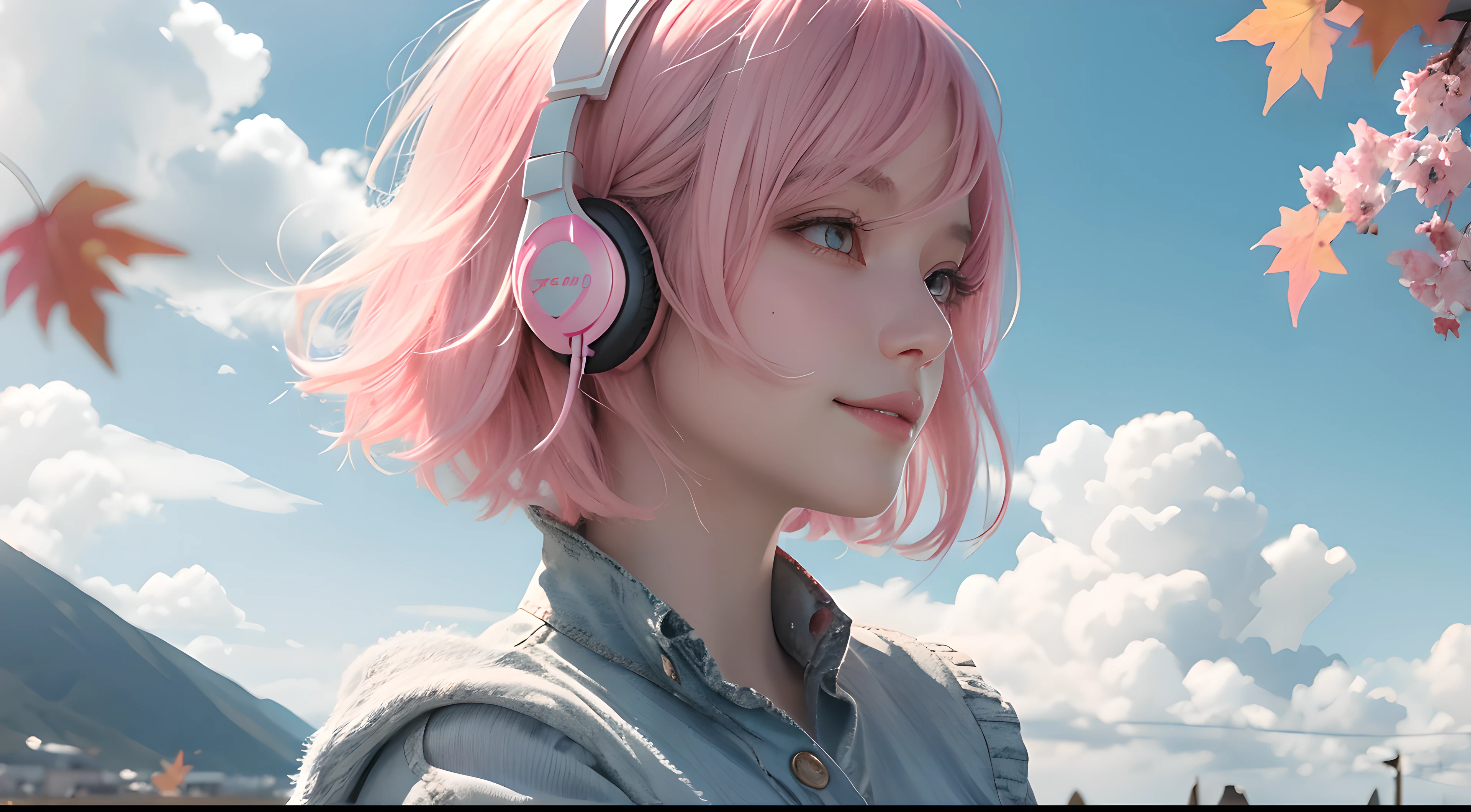 high quality, Very detailed, clear image, Profile anime girl, 有一头粉色short hair, 风中short hair, pink eyes, Smile,Wear neat and clean clothes、 close to body, blue sky, With moving clouds、wearing headphones、big eyes、gentle eyes、short hair、Autumn leaves flying