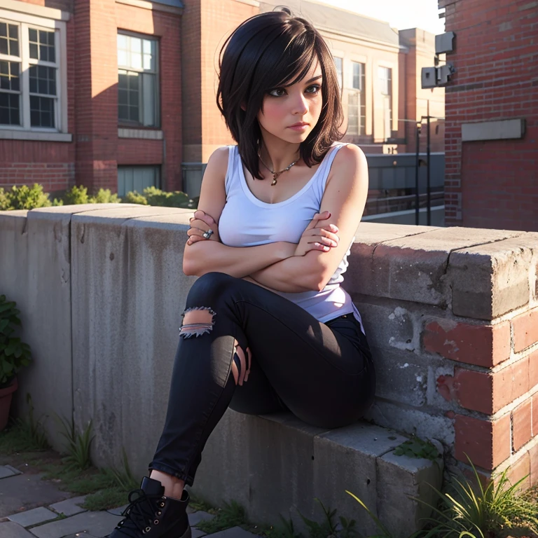 Masterpiece, best quality, detailed face, woman, black hair, emo clothes, ripped black jeans, leaning on a brick wall arms crossed, big breasted, looking at viewer, neutral face