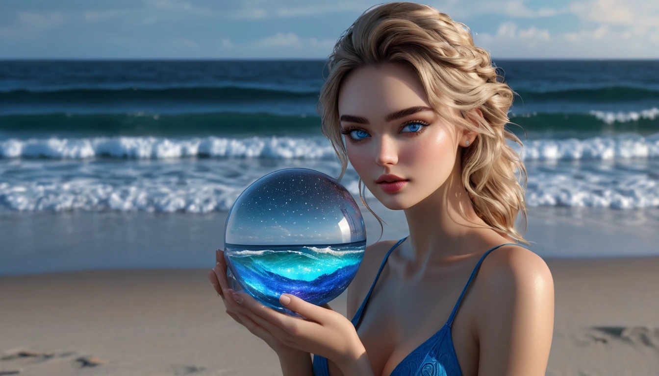 On the beach, a girl in a blue bikini holds a glass ball emitting a galactic storm's glow. Her presence radiates with a shimmering aura, blending seamlessly with the ethereal display within the orb. Sand, sea, and stars converge in a scene of surreal beauty, where the terrestrial meets the celestial in a harmonious embrace, (looking at glass ball), Young adult, [Nordic:Icelandic:0.5], age 25, Hourglass elongated sexy fitness body, perfect Olive skin, Oval Face, Long neck, Rounded shoulders, long slim fitness arms, Attached Pointed ears, round forehead, Short blonde Beach Waves pixie haircut Parting centre hair, snub nose, Arched Thin eyebrows, Monolid Eyes, High Round Narrow Symmetrical cheekbones, Dimpled Cheeks, Rounded Chin, Rounded Jawline, Fine Puppet Wrinkles, Smooth Nasolabial Folds, Full nude Lips, big round (blue eyes), Nude Makeup Look, 8k, vray, IMax, hyperrealism, perfect light, bokeh Carl Zeiss 85mm, small depth of field, photorealistic, masterpiece, high resolution, best quality, cinematic shot, ultra-detailed, super realistic, Hyperrealistic art, high-quality, ultra high res, highest detailed, lot of details, Extremely high-resolution details, photographic, realism pushed to extreme, incredibly lifelike,

atmospheric perspective (focus on face),
realistic skin, soft light, detailed skin, colourful, soft cinematic light, 
