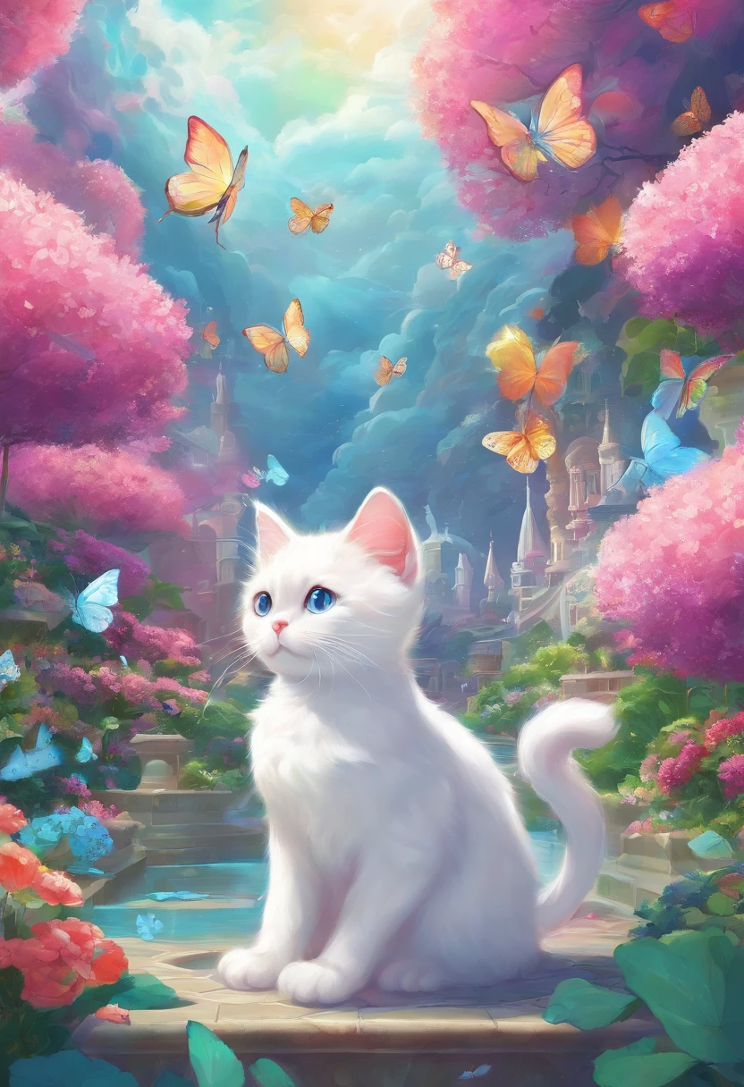 This scene is very fascinating。A girl and a white kitten are in a beautiful garden。 The girl is looking at the white kitten with amusement。The white kitten is having fun trying to catch a butterfly。 The garden is decorated with lush greenery and colorful flowers.。The garden is bathed in spring sunlight, giving it a warm glow.。A bright number of people surround a white kitten々Butterflies are flying。The flying butterflies create a lively atmosphere.。 The white kitten is expressive、The detailed fur and unique folded ears add to its charm.。The gardens are beautifully maintained、Neatly trimmed bushes and々Various plants are arranged。The stream's crystal clear water reflects the serene environment.、Colorful facade of house in the distance々adds a bit of whimsy to the scene.。 The scene has an atmosphere of tranquility and contemplation.、Expressing the world of high fantasy。Guardian nebula of rainbow light and silvery vapor、The colors of the Corrosive Encirclement Ray family fill the sky、There is a slimy feeling in the air.。A beautiful piece of artwork that exudes a mysterious aura.。