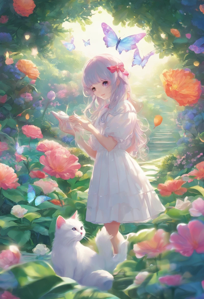 This scene is very fascinating。A girl and a white kitten are in a beautiful garden。 The girl is looking at the white kitten with amusement。The white kitten is having fun trying to catch a butterfly。 The garden is decorated with lush greenery and colorful flowers.。The garden is bathed in spring sunlight, giving it a warm glow.。A bright number of people surround a white kitten々Butterflies are flying。The flying butterflies create a lively atmosphere.。 The white kitten is expressive、The detailed fur and unique folded ears add to its charm.。The gardens are beautifully maintained、Neatly trimmed bushes and々Various plants are arranged。The stream's crystal clear water reflects the serene environment.、Colorful facade of house in the distance々adds a bit of whimsy to the scene.。 The scene has an atmosphere of tranquility and contemplation.、Expressing the world of high fantasy。Guardian nebula of rainbow light and silvery vapor、The colors of the Corrosive Encirclement Ray family fill the sky、There is a slimy feeling in the air.。A beautiful piece of artwork that exudes a mysterious aura.。