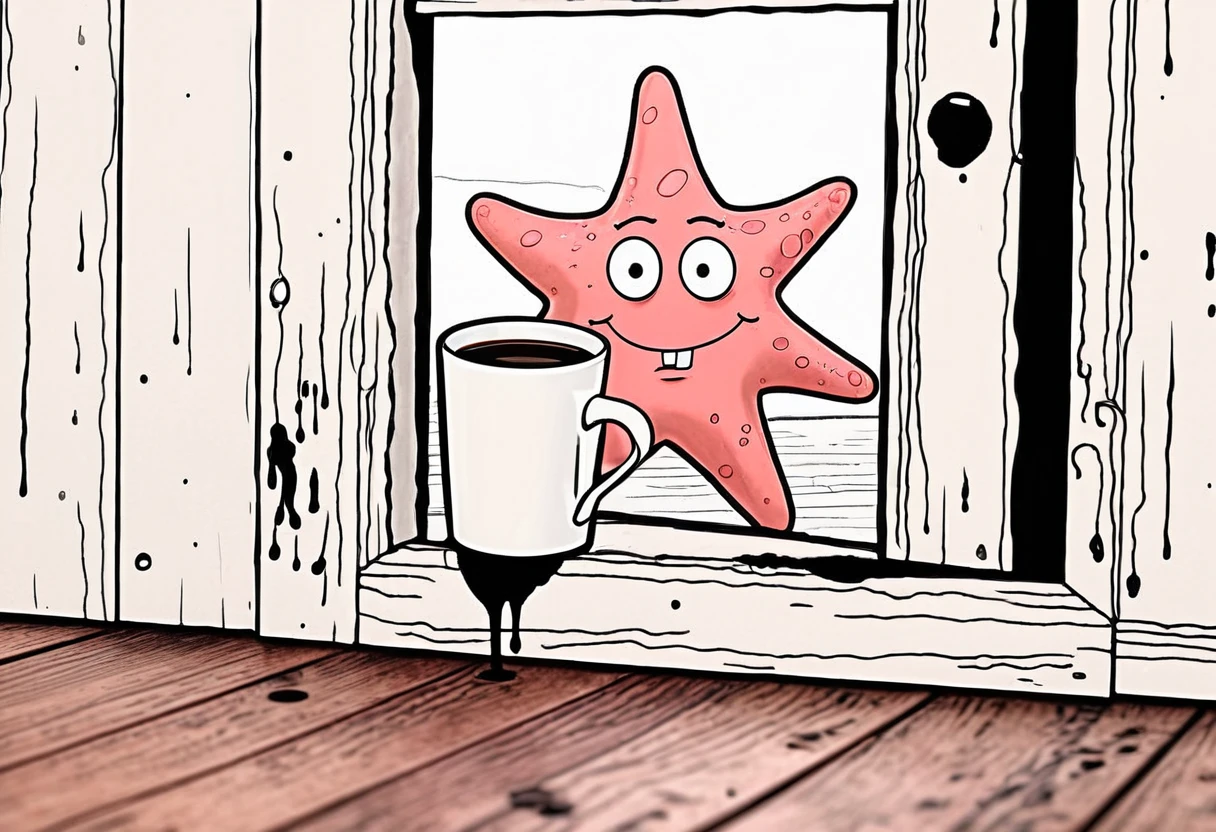 A rotoscope photoshopped overlaid Patrick Star peering from outside wooden pane window, detailed view of background obscured by the surprising Patrick Star taking up window view, Patrick Star sipping and holding a mug of steaming coffee with an unsettling, unnaturally large, unfunny smile. A lines only hand drawn expressive ink comic, harsh ink stroke with ink blot and ink drip subtle flourishes, dutch angle cinematic composition framing of a bedroom with wood floors, a bed, a closet, and an open door to a hallway. Each item in the room is made with rotoscope detail realism, every floorboard has a different grain than the next, and every part of the bed frame and bed are detailed as separate connected pieces. The room is full of objects made up of smaller pieces. Subtle watercolor coloring grading shading.