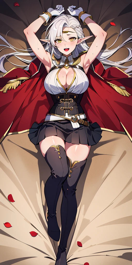 (((masterpiece,high resolution,best quality))), 1girl, solo,wine bottle,bare legs, large breasts, lying, on back, petals, looking at viewer, armpits, open mouth, solo, blush, wet clothes, heart, arms up, wet, bed sheet, origin, 1girl, red cape, boots, gloves, epaulettes, black corset, corset, black gloves, :d, black skirt, Pirotess, (yellow eyes), white hair, silver hair, very long hair, straight hair, solo, adult woman, tall, slightly muscular, large breasted, cleavage, constricted waist, Toned body, slight abs, thin dark skin, pointy ears, lipstick, makeup, black eyeshadow, circlet, white short dress, jewelry, bracelet, white gloves, thigh boots