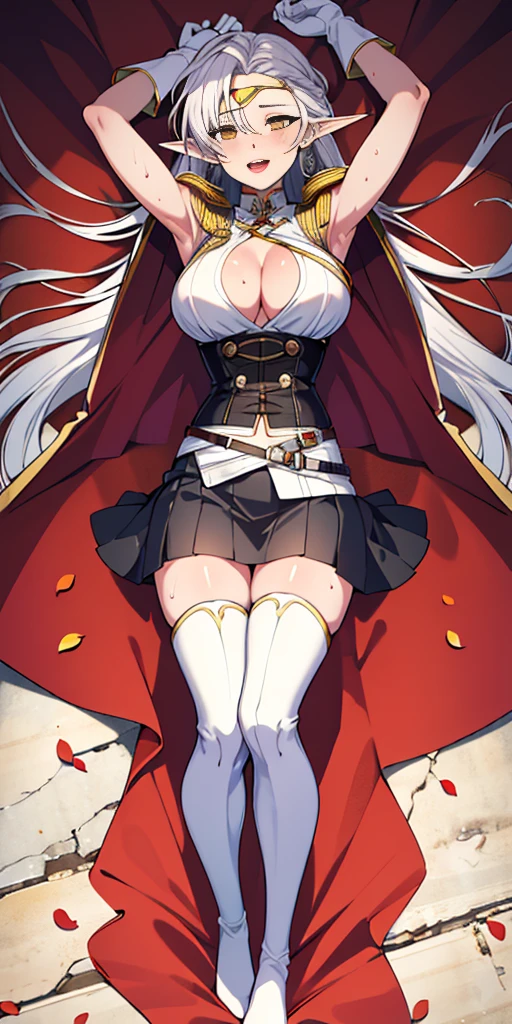 (((masterpiece,high resolution,best quality))), 1girl, solo,wine bottle,bare legs, large breasts, lying, on back, petals, looking at viewer, armpits, open mouth, solo, blush, wet clothes, heart, arms up, wet, bed sheet, origin, 1girl, red cape, boots, gloves, epaulettes, black corset, corset, black gloves, :d, black skirt, Pirotess, (yellow eyes), white hair, silver hair, very long hair, straight hair, solo, adult woman, tall, slightly muscular, large breasted, cleavage, constricted waist, Toned body, slight abs, thin dark skin, pointy ears, lipstick, makeup, black eyeshadow, circlet, white short dress, jewelry, bracelet, white gloves, thigh boots