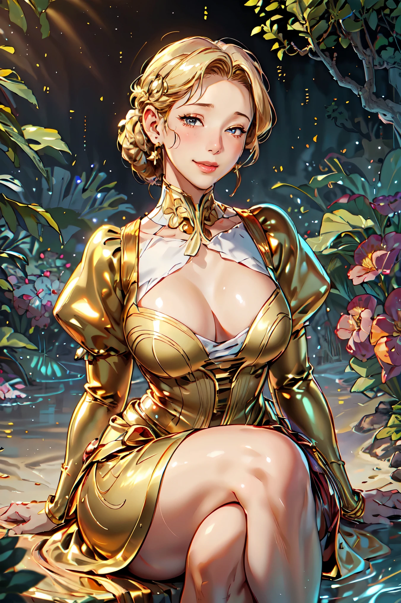 (masterpiece, best quality, realistic, detailed, crisp:1.2), intricate details, goldentech, sunset, as, evangelyneyoung, (1girl, golden dress), puffy sleeve, white groves, cute smile, shy, blush, sitting, sea, sparkles, gleam, glittering, shine,