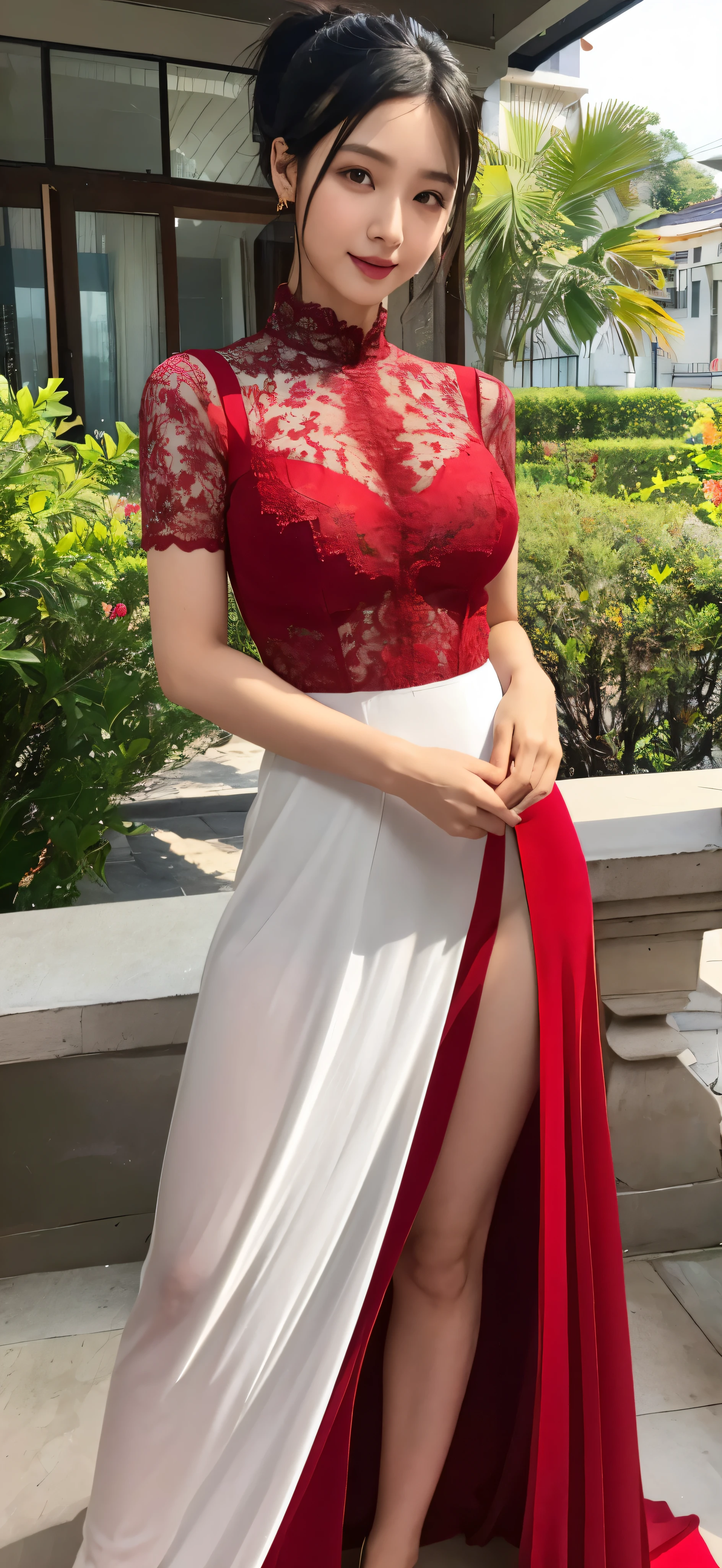 1girl,baiyi,large breasts,red lips,smile,ponytail,realistic, 1 girl, indonesian girl, 23 years old, (black hair super-long 1 meters), (very beautiful face, very sweet, sharp eyes like an angel from heaven ), (beautiful hair), actress, smile, shiny skin, best quality, masterpiece, (photorealistic:1.4), terrace seating, asian, indonesian, jakarta, denim long skirt (realistic fabric), white short sleeves (cotton fabric), (no logo), thin fingers, a woman in a red dress posing for a picture in a courtyard, a picture by Emma Andijewska, tumblr, tachisme, sexy gown, opened dress, wearing an elegant dress, fantasy long intricate gown, sexy dress, dressed beautiful gown, red gown, wearing a magnificent dress, dressed in red lace, translucent dress, extravagant dress, see through dress