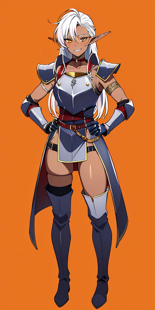 ((orange background)) 1solo DARK SKIN elf, long hair, white hair, yellow eyes, full body, female soldier standing on black background looking at viewer wearing armor and a pair of militar brown boots (breastplate, shiny, armor, thigh highs, high boots, shoulder armor, faulds, poleyn, gloves, gauntlets, bracers, choker leather collar) WRIST HANDCUFFS, smile, red cheeks, lustful smirking smile face red blushed red cheeks, HANDS ON HIPS clenching fist