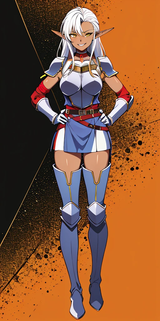 ((orange background)) 1solo DARK SKIN elf, long hair, white hair, yellow eyes, full body, female soldier standing on black background looking at viewer wearing armor and a pair of militar brown boots (breastplate, shiny, armor, thigh highs, high boots, shoulder armor, faulds, poleyn, gloves, gauntlets, bracers, choker leather collar) WRIST HANDCUFFS, smile, red cheeks, lustful smirking smile face red blushed red cheeks, HANDS ON HIPS clenching fist