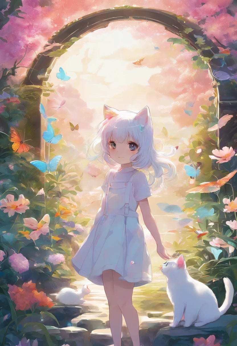 This scene is very fascinating。A girl and a white kitten are in a beautiful garden。 The girl is looking at the white kitten with amusement。The white kitten is having fun trying to catch a butterfly。 The garden is decorated with lush greenery and colorful flowers.。The garden is bathed in spring sunlight, giving it a warm glow.。A bright number of people surround a white kitten々Butterflies are flying。The flying butterflies create a lively atmosphere.。 The white kitten is expressive、The detailed fur and unique folded ears add to its charm.。The gardens are beautifully maintained、Neatly trimmed bushes and々Various plants are arranged。The stream&#39;s crystal clear water reflects the serene environment.、Colorful facade of house in the distance々adds a bit of whimsy to the scene.。 The scene has an atmosphere of tranquility and contemplation.、Expressing the world of high fantasy。Guardian nebula of rainbow light and silvery vapor、The colors of the Corrosive Encirclement Ray family fill the sky、There is a slimy feeling in the air.。A beautiful piece of artwork that exudes a mysterious aura.。