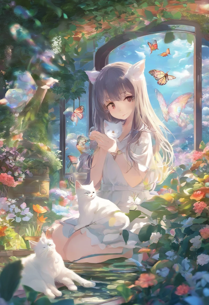 This scene is very fascinating。A girl and a white kitten are in a beautiful garden。 The girl is looking at the white kitten with amusement。The white kitten is having fun trying to catch a butterfly。 The garden is decorated with lush greenery and colorful flowers.。The garden is bathed in spring sunlight, giving it a warm glow.。A bright number of people surround a white kitten々Butterflies are flying。The flying butterflies create a lively atmosphere.。 The white kitten is expressive、The detailed fur and unique folded ears add to its charm.。The gardens are beautifully maintained、Neatly trimmed bushes and々Various plants are arranged。The stream's crystal clear water reflects the serene environment.、Colorful facade of house in the distance々adds a bit of whimsy to the scene.。 The scene has an atmosphere of tranquility and contemplation.、Expressing the world of high fantasy。Guardian nebula of rainbow light and silvery vapor、The colors of the Corrosive Encirclement Ray family fill the sky、There is a slimy feeling in the air.。A beautiful piece of artwork that exudes a mysterious aura.。