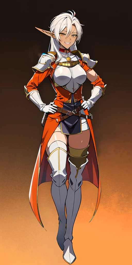 ((orange background)) 1solo DARK SKIN elf, long hair, white hair, yellow eyes, full body, female soldier standing on black background looking at viewer wearing armor and a pair of militar brown boots (breastplate, shiny, armor, thigh highs, high boots, shoulder armor, faulds, poleyn, gloves, gauntlets, bracers, choker leather collar) WRIST HANDCUFFS, smile, red cheeks, lustful smirking smile face red blushed red cheeks, HANDS ON HIPS clenching fist