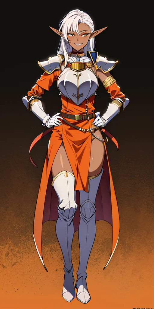 ((orange background)) 1solo DARK SKIN elf, long hair, white hair, yellow eyes, full body, female soldier standing on black background looking at viewer wearing armor and a pair of militar brown boots (breastplate, shiny, armor, thigh highs, high boots, shoulder armor, faulds, poleyn, gloves, gauntlets, bracers, choker leather collar) WRIST HANDCUFFS, smile, red cheeks, lustful smirking smile face red blushed red cheeks, HANDS ON HIPS clenching fist