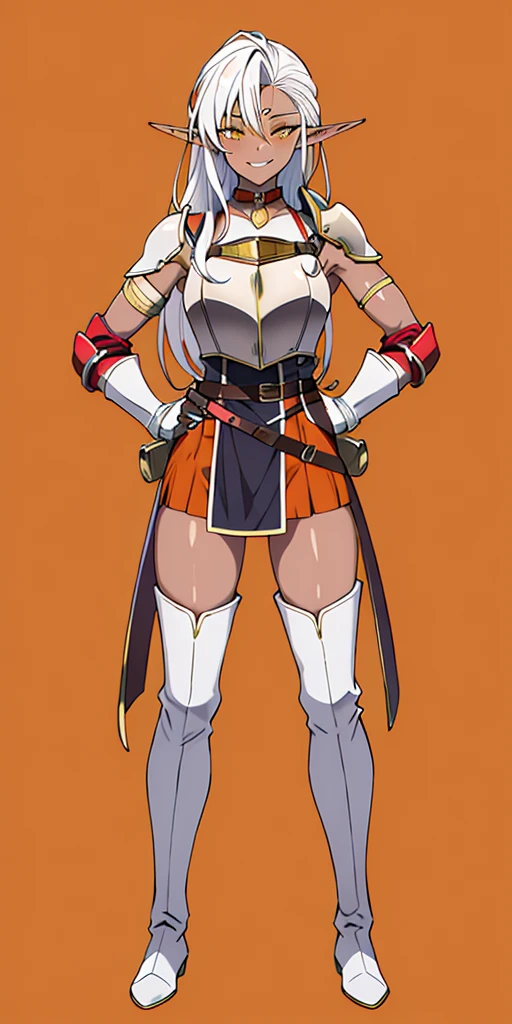 ((orange background)) 1solo DARK SKIN elf, long hair, white hair, yellow eyes, full body, female soldier standing on black background looking at viewer wearing armor and a pair of militar brown boots (breastplate, shiny, armor, thigh highs, high boots, shoulder armor, faulds, poleyn, gloves, gauntlets, bracers, choker leather collar) WRIST HANDCUFFS, smile, red cheeks, lustful smirking smile face red blushed red cheeks, HANDS ON HIPS clenching fist
