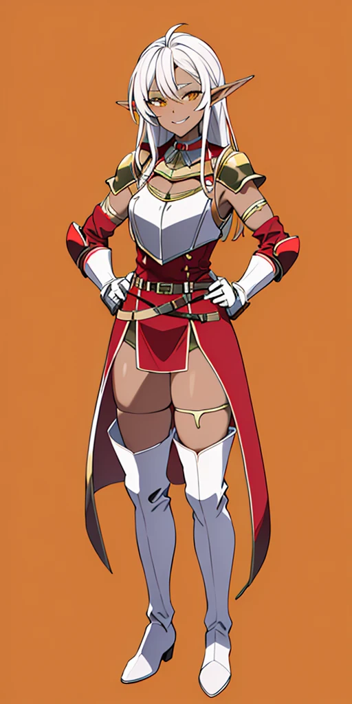 ((orange background)) 1solo DARK SKIN elf, long hair, white hair, yellow eyes, full body, female soldier standing on black background looking at viewer wearing armor and a pair of militar brown boots (breastplate, shiny, armor, thigh highs, high boots, shoulder armor, faulds, poleyn, gloves, gauntlets, bracers, choker leather collar) WRIST HANDCUFFS, smile, red cheeks, lustful smirking smile face red blushed red cheeks, HANDS ON HIPS clenching fist