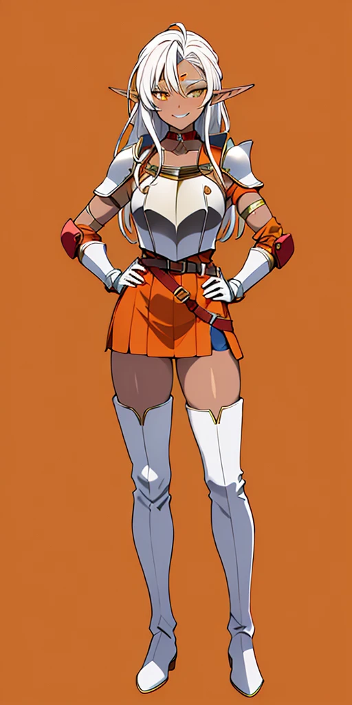 ((orange background)) 1solo DARK SKIN elf, long hair, white hair, yellow eyes, full body, female soldier standing on black background looking at viewer wearing armor and a pair of militar brown boots (breastplate, shiny, armor, thigh highs, high boots, shoulder armor, faulds, poleyn, gloves, gauntlets, bracers, choker leather collar) WRIST HANDCUFFS, smile, red cheeks, lustful smirking smile face red blushed red cheeks, HANDS ON HIPS clenching fist