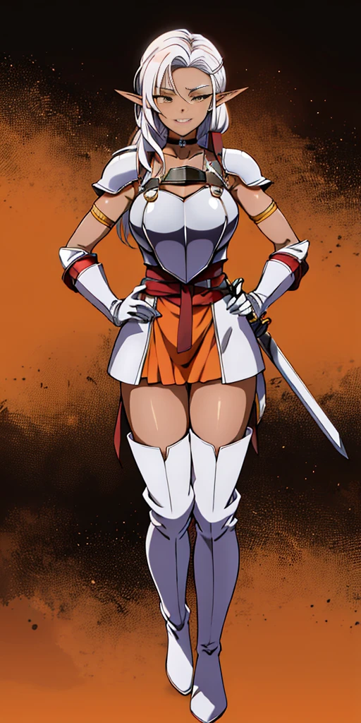 ((orange background)) 1solo DARK SKIN elf, long hair, white hair, yellow eyes, full body, female soldier standing on black background looking at viewer wearing armor and a pair of militar brown boots (breastplate, shiny, armor, thigh highs, high boots, shoulder armor, faulds, poleyn, gloves, gauntlets, bracers, choker leather collar) WRIST HANDCUFFS, smile, red cheeks, lustful smirking smile face red blushed red cheeks, HANDS ON HIPS clenching fist