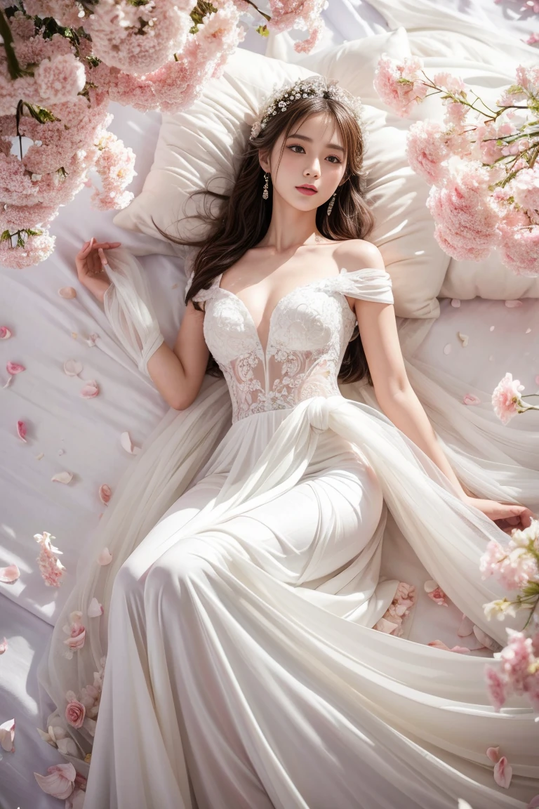 1girl, solo, wooden casket, girl sleep in casket, girl laying in casket, eyes closed, closed mouth,(interlocked_fingers:0.961), (own_hands_together:0.971), (straight:0.971), (own_hands_clasped:0.961), (absolute cleavage), straight body, straight legs, big boobs, round breasts, (full body viewed), (sexy breast), (sexy cleavage), (around the casket is a wreath of flowers), (((black hair))), ((blonde hair)), ((wearing a white off-shoulder with a V-neckline wedding dress with flower-shaped lace)), ((maid dress)), ((long dress)), head on pillow, ((holding a flower bouquet))