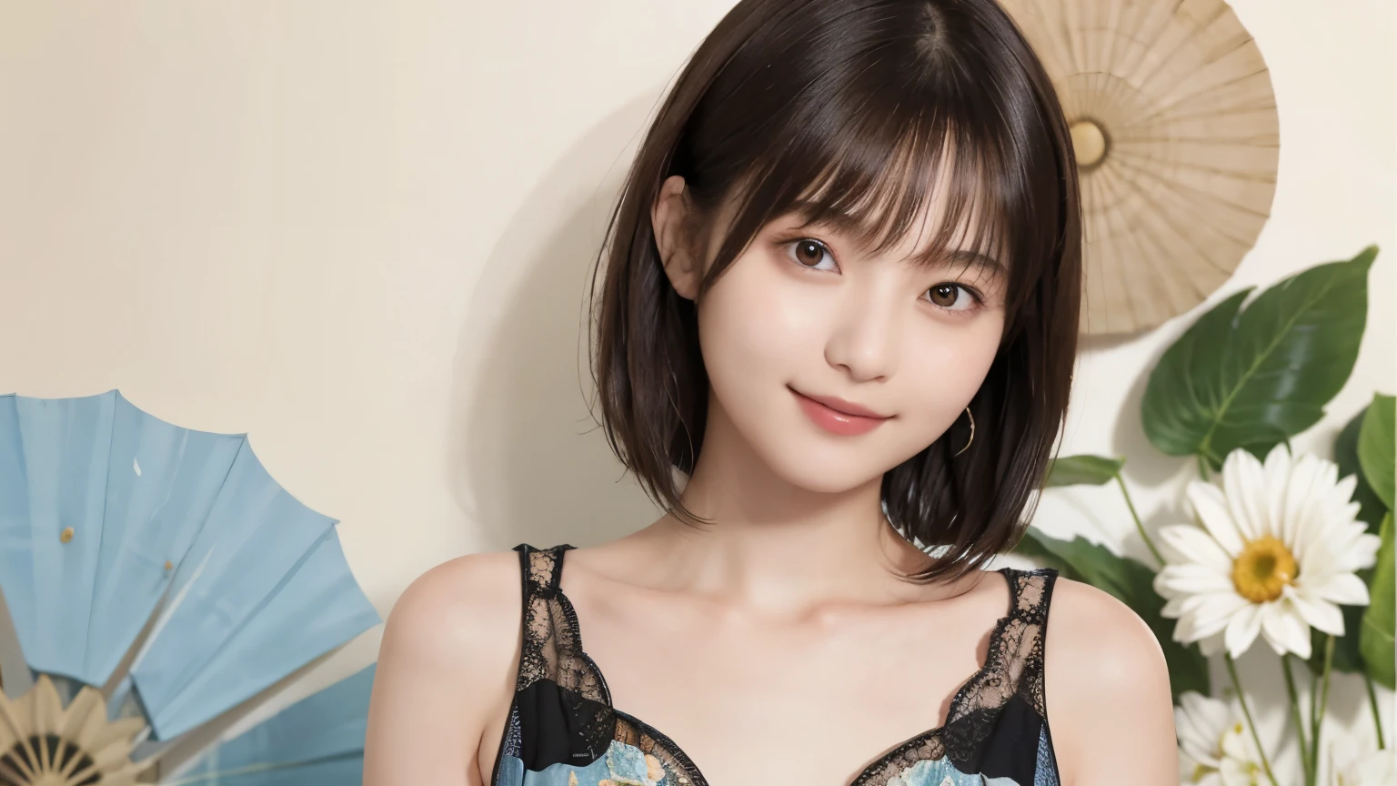 206 Short Hair, 20 year old woman, surrealism, Floral, gentle smile, (chest:1.2)