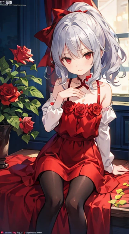 silver wavy hair、red eyes、shy expression、Beautiful girl alone、red dress、Off the shoulders、mini skirt、black pantyhose、sit、Hand movements、Double ponytail、rose Garden、Blurred vision、depth of field、strengthen prospects, Official Anime Artwork, Main animation art, Highly detailed official artwork,official character art, Elegant anime main visual