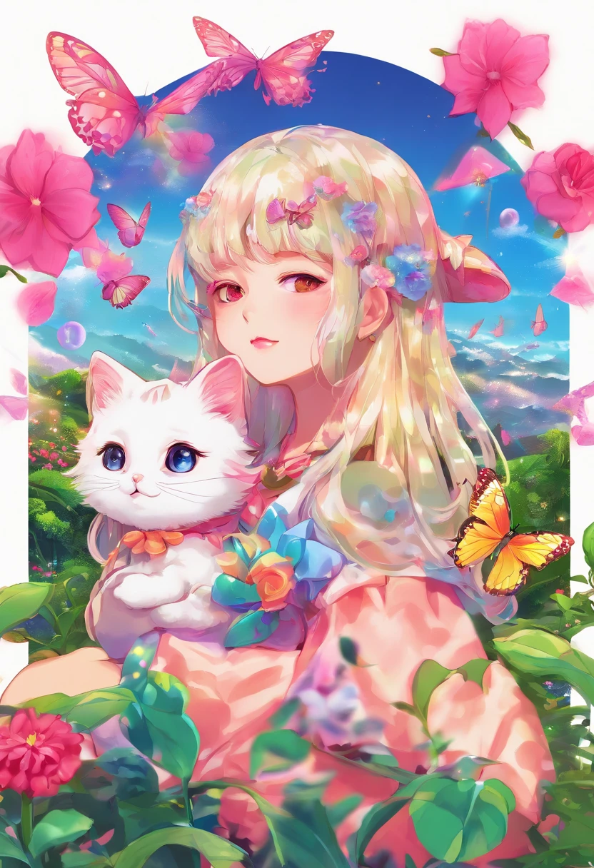 This scene is very fascinating。A girl and a white kitten are in a beautiful garden。 The girl is looking at the white kitten with amusement。The white kitten is having fun trying to catch a butterfly。 The garden is decorated with lush greenery and colorful flowers.。The garden is bathed in spring sunlight, giving it a warm glow.。A bright number of people surround a white kitten々Butterflies are flying。The flying butterflies create a lively atmosphere.。 The white kitten is expressive、The detailed fur and unique folded ears add to its charm.。The gardens are beautifully maintained、Neatly trimmed bushes and々Various plants are arranged。The stream&#39;s crystal clear water reflects the serene environment.、Colorful facade of house in the distance々adds a bit of whimsy to the scene.。 The scene has an atmosphere of tranquility and contemplation.、Expressing the world of high fantasy。Guardian nebula of rainbow light and silvery vapor、The colors of the Corrosive Encirclement Ray family fill the sky、There is a slimy feeling in the air.。A beautiful piece of artwork that exudes a mysterious aura.。