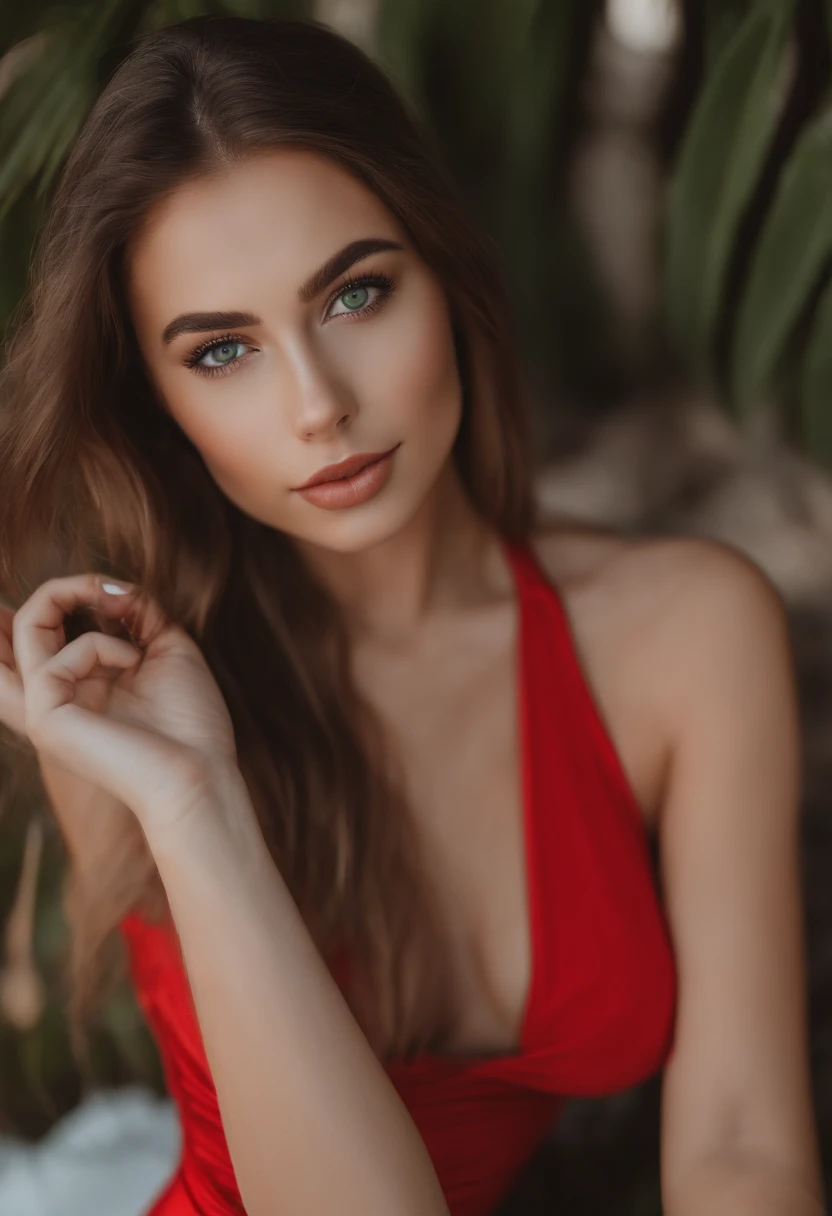 Arafed woman in Red and Black bikini at the beach , sexy girl with green eyes, portrait sophie mudd, brown hair and large eyes, selfie of a young woman, bedroom eyes, violet myers, no makeup, natural makeup, looking straight at camera, face with artgram, fine makeup, Stunning full-length shot, Piercing green eyes, beautiful angle, attractive pose, Sweet girl, sexy pose, full length image, full - body, shooting full body, Brunette goddess, high detail, Satisfied posture