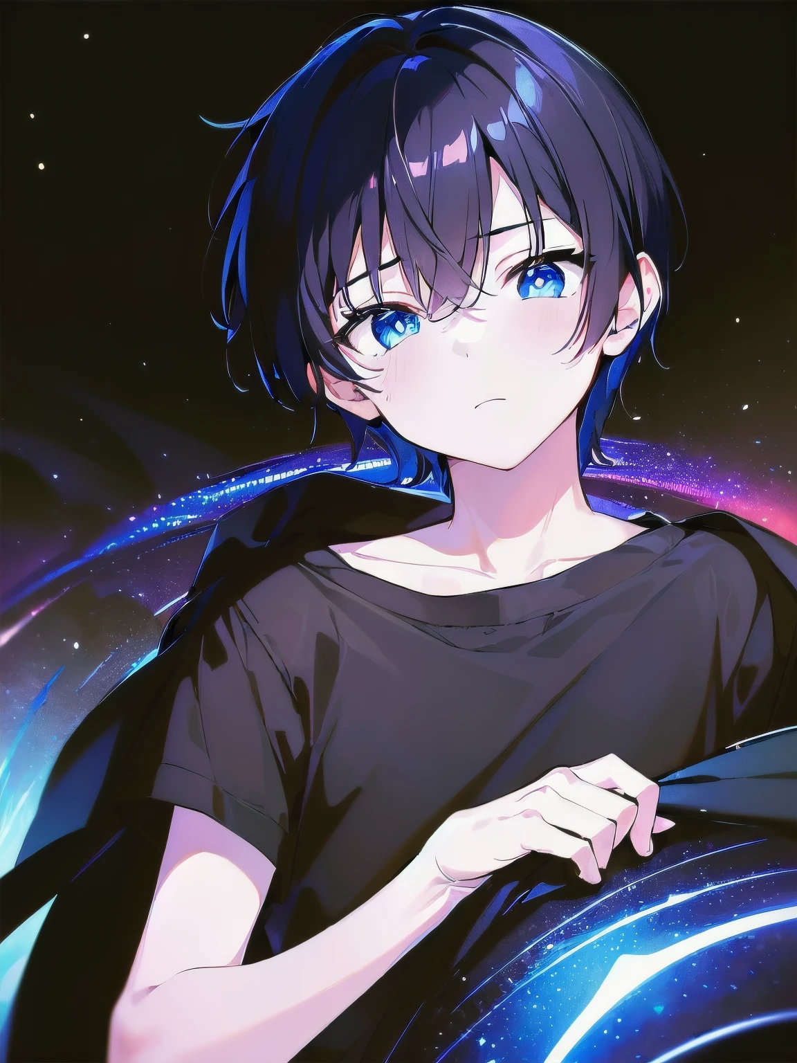 [(BLACK BACKGROUND:1.5),::5], ((((masterpiece)))), high quality, very_high_resolution, large_filesize, full color, ((younger boy)), 13 old year, short Black hair, vivid color, Blue eye, civilian clothes white, (galaxy), anime, 