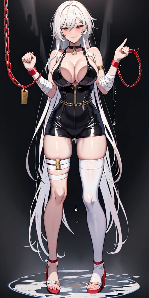 a single (mature MILF BIMBO LONG white hair), (FULL BODY) perfect face, wearing tight leather bandages, BIG KNOCKERS CLEAVAGE, lustful smirking smile red blush red cheeks, chain leash, kneeling, shackles, leather black collar slave, ((BLACK background)) WITH KNOCKERS on glass, glass window fog water drop, metal handcuffs clenching fist, black choker collar, thigh highs, long legs, metal ankle, metal sandals, metal shoulders, standing straight symmetrical against glass