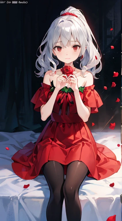 silver wavy hair、red eyes、shy expression、Beautiful girl alone、red dress、Off the shoulders、mini skirt、black pantyhose、sit、Hand movements、Double ponytail、rose Garden、Blurred vision、depth of field、prospect, Official Anime Artwork, Main animation art, Highly detailed official artwork,official character art, Elegant anime main visual