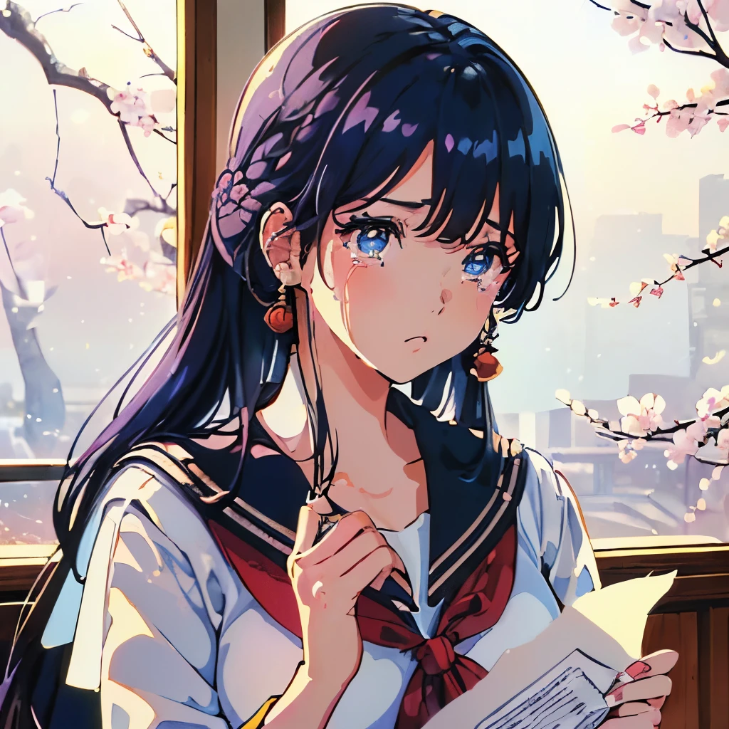 highres, extremely details, dramatic brightness, best quality art, 32k, 8K wallpaper, 4K digital animation, (1980s Japanese anime art:1.5). 1girl, she sad and remember a boy friend, he moved from school. (Her hair color is black:1.3),((a photo of girl, 1980s Japanese idol hairstyle:1.7)),(blue eyes :1.3),(detailed eyes and tears:1.3),close up upper body, (she wearing a sailor suit uniform in the room:1.5),(She holding a crumpled old paper in hand:1.5), (She looking memo on this crumpled paper:1.3), (The cherry blossom trees shine beyond the window:1.3)