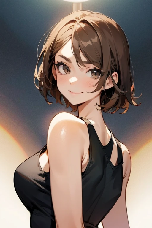adult woman,smile, one person,facing this way,Raise your arms and see your sides,Glamour,wearing a black tank top, wearing jeans,short brown hair,upper body composition,Fingers behind head,