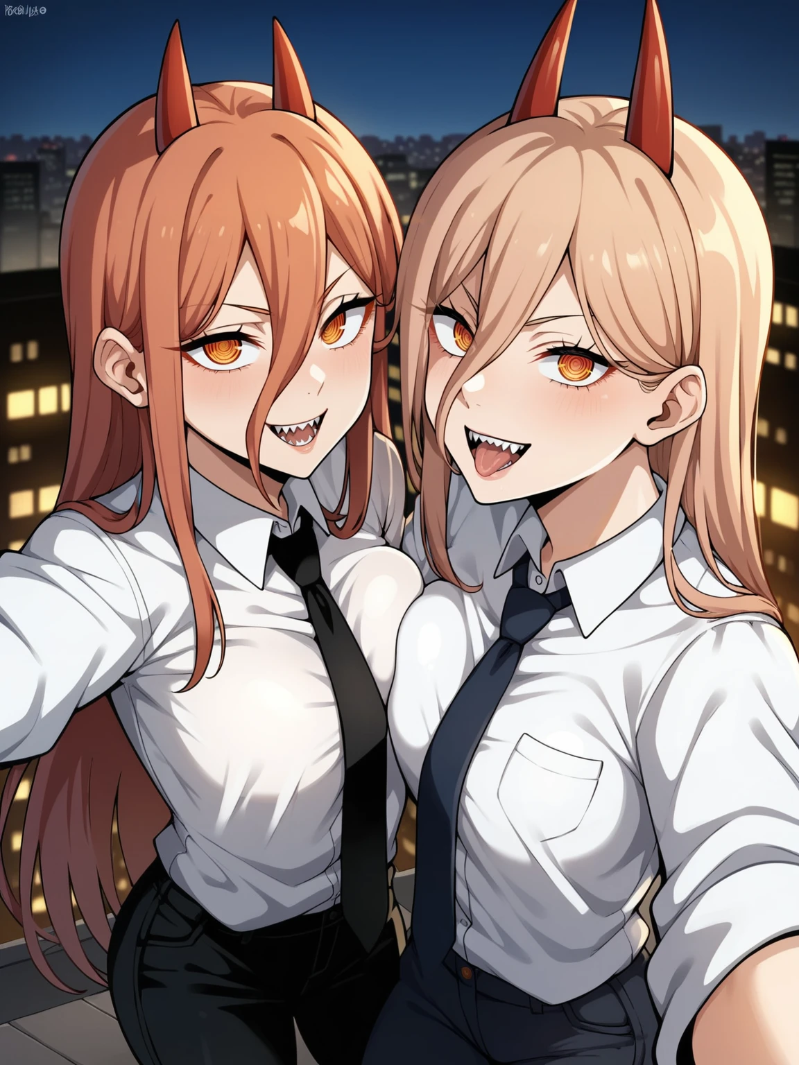 (Highest quality, High resolution), ((Two people)), ((makimacm44 gives sex to powercasual:1.4)), , (bukkake:1.4), futanari, sex, (Power, powercasual, cross-shaped pupils, blonde long hair, straight hair, red shirt, long sleeves, denim shorts),  (makimacm44, ringed yellow eyes, red long hair, bangs, white shirt, sidelocks, black pants, braided ponytail, black necktie),nsfw