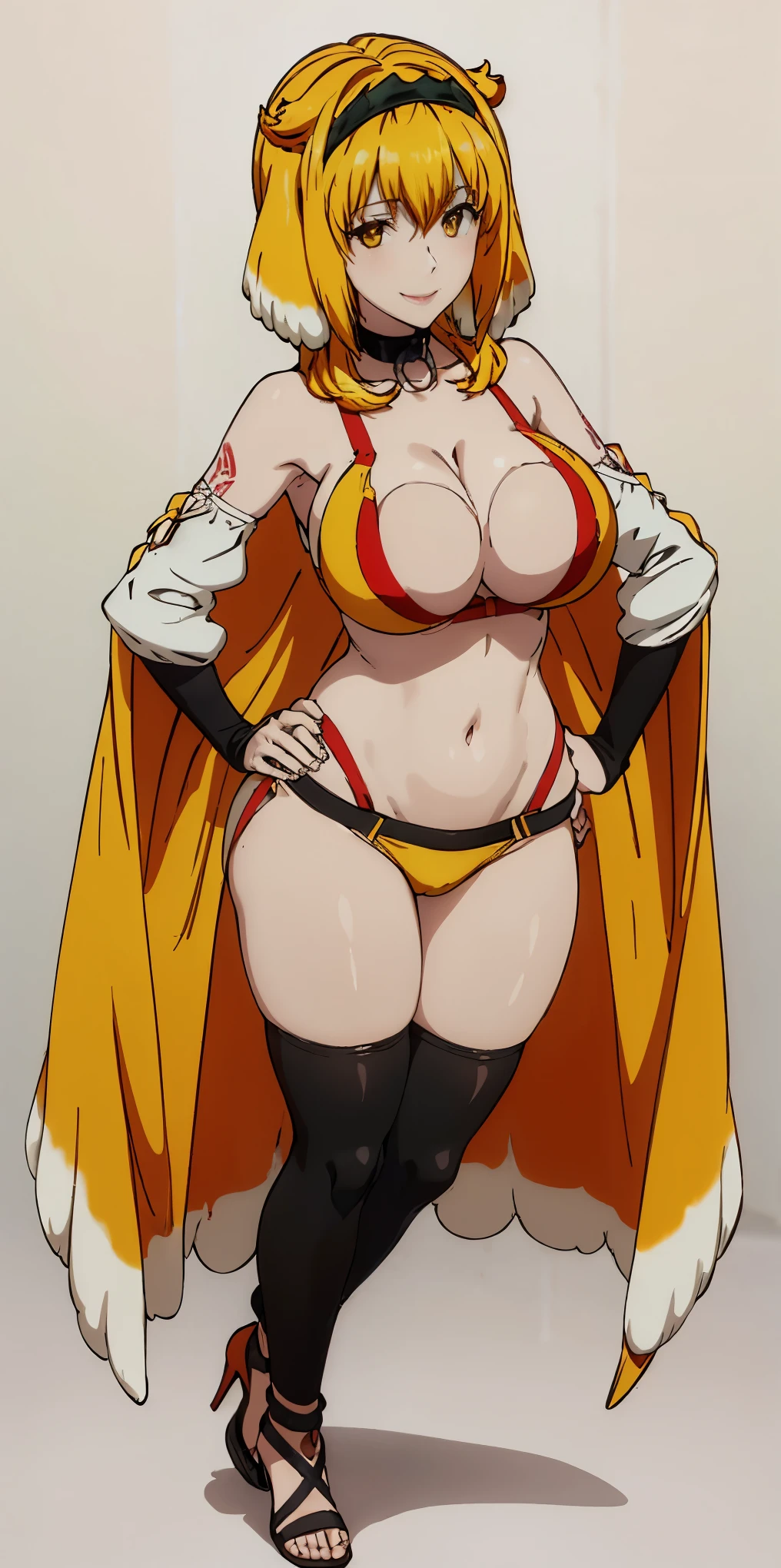 Two long thighs, yellow eyes, blonde hair, short hair, large breasts, detached sleeves, very white background, royal tiara, long cape, yellow tiger bikini, high heels, hands on hips. red tattoo on belly navel, full body female MILF BIMBO, lustful smirking smile face (red blush), metal shoulders, golden bracers sleeveless, black choker sex slave