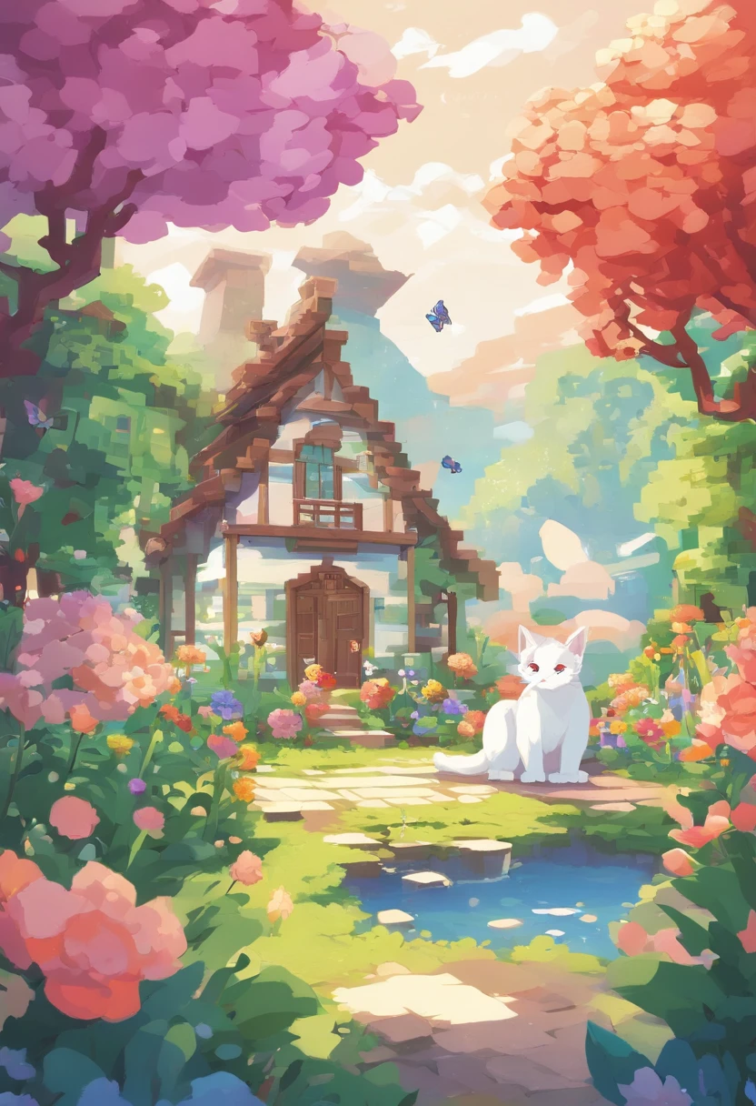 This scene is very fascinating。A girl and a white kitten are in a beautiful garden。 The girl is looking at the white kitten with amusement。The white kitten is having fun trying to catch a butterfly。 The garden is decorated with lush greenery and colorful flowers.。The garden is bathed in spring sunlight, giving it a warm glow.。A bright number of people surround a white kitten々Butterflies are flying。The flying butterflies create a lively atmosphere.。 The white kitten is expressive、The detailed fur and unique folded ears add to its charm.。The gardens are beautifully maintained、Neatly trimmed bushes and々Various plants are arranged。The stream's crystal clear water reflects the serene environment.、Colorful facade of house in the distance々adds a bit of whimsy to the scene.。 The scene has an atmosphere of tranquility and contemplation.、Expressing the world of high fantasy。Guardian nebula of rainbow light and silvery vapor、The colors of the Corrosive Encirclement Ray family fill the sky、There is a slimy feeling in the air.。A beautiful piece of artwork that exudes a mysterious aura.。