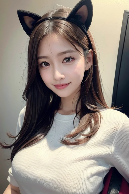 (8K, highest quality, masterpiece:1.2), (realistic, Photoreal:1.37),face close up, super detailed, one girl, cute, solo, indoor, (nose blush), (laughter:1.20), (closed mouth), chest, beautiful and fine eyes, (hair length: 1.2), Floating hair NovaFrogStyle, Upper body, cosplay,cat ear headband