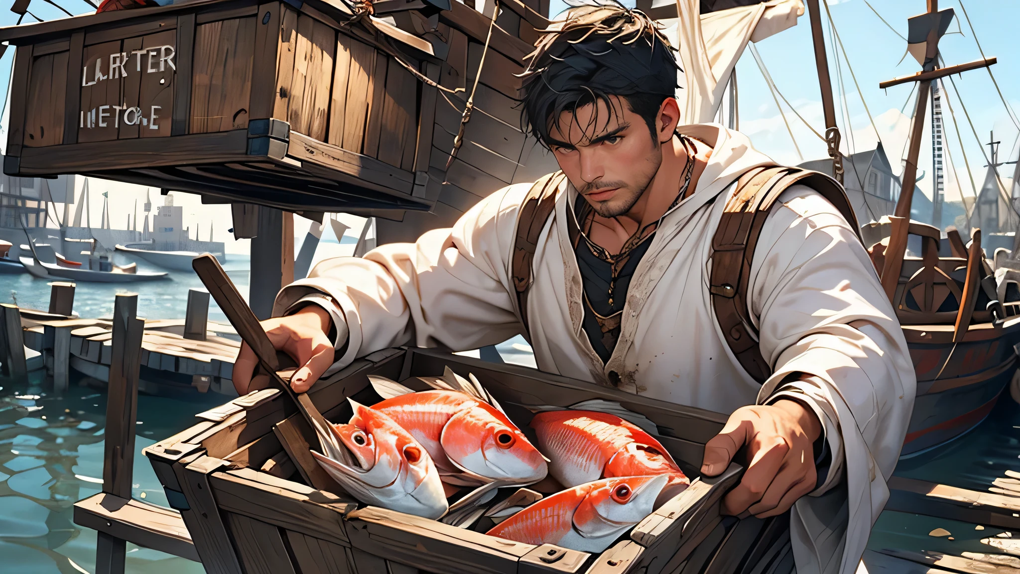 A black-haired figure clad in tattered white garments, laboring in a medieval harbor setting, lifting crates brimming with fresh fish, evoking a sense of antiquity and toil