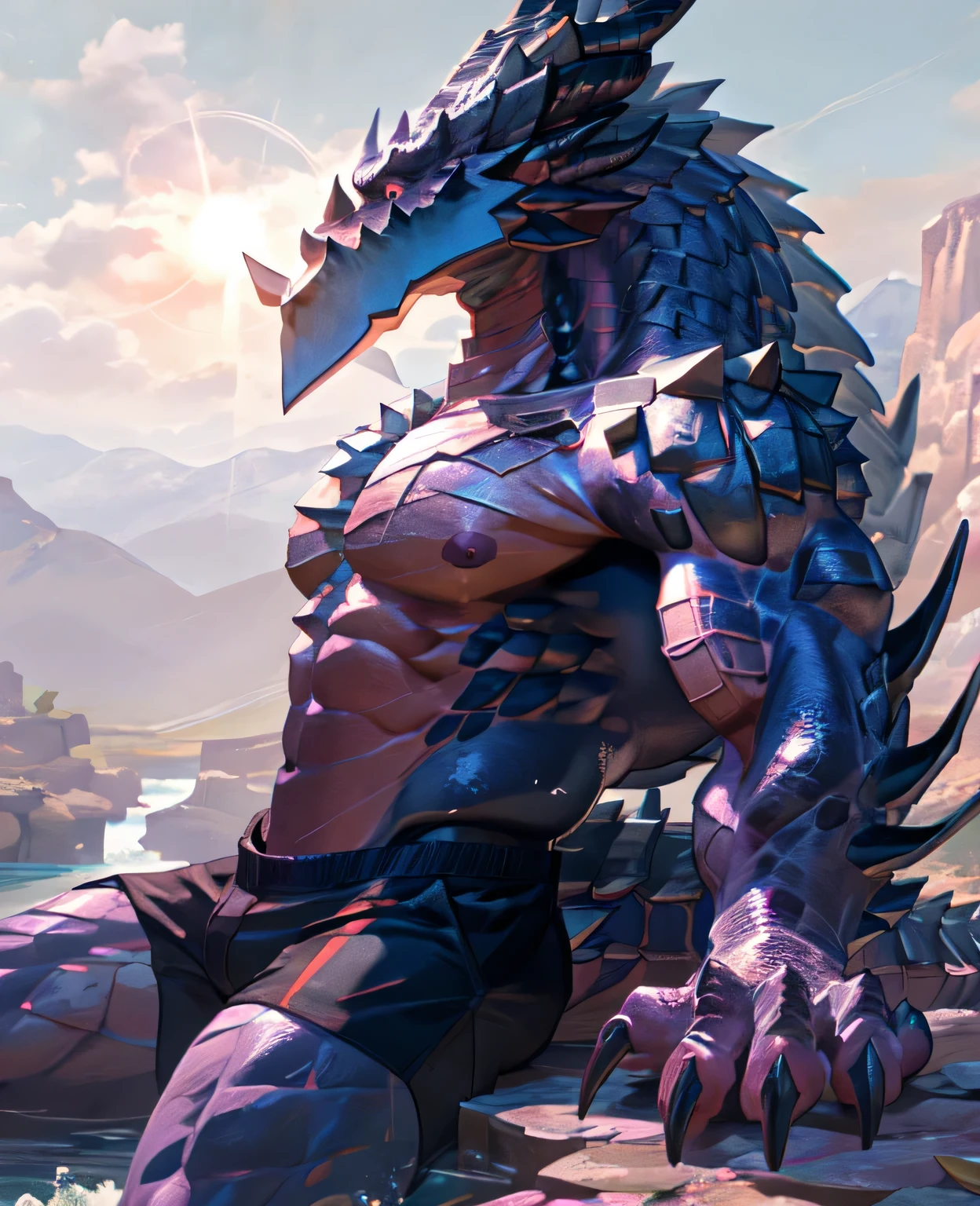 dragon,alone,paw,teeth,crawler,chest muscles, peak, teethAdult,alone,dragon tail,sit down,meditate,practice,exercise,4K,best quality,HD,whole body,paw,topless,looking at the audience,chest muscles, pink nipples, Six-pack abs,biceps,anatomically correct,,pride,soft shadow,majestic,Detailed face,HD eyes,keen vision,Red eyes,eyes sparkling,Gorgeous,brave,,confident smile,Strong,Mature,shorts,wilderness,ruins,river,Blue sky and white clouds,The sun shines