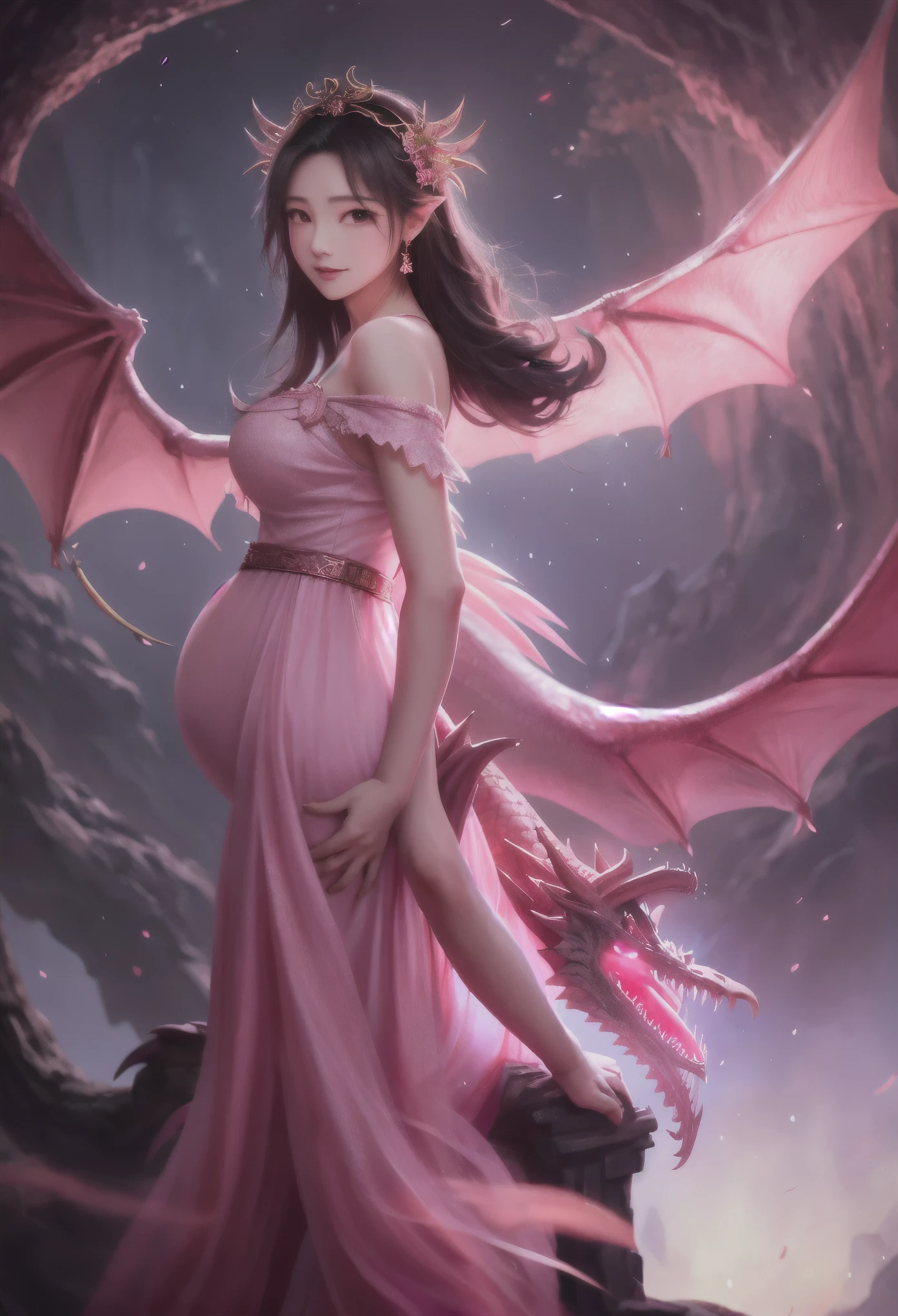 a pregnant woman woman in a pink dress with a dragon on her back, xianxia fantasy, chinese fantasy, beautiful fantasy art, dragon girl, very beautiful fantasy art, amazing fantasy art, beautiful fantasy, fantasy beautiful, digital fantasy art ), human and dragon fusion, breathtaking fantasy art, fantasy art, fantasy art style, soft delicate draconic features