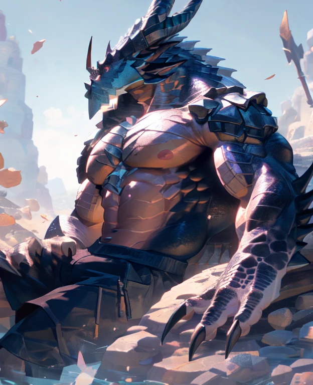 dragon,alone,paw,teeth,crawler,chest muscles, peak, teethAdult,alone,dragon tail,sit down,meditate,4K,best quality,HD,whole body,paw,naked,looking at the audience,chest muscles, pink nipples, Six-pack abs,biceps,pride,soft shadow,majestic,Detailed face,HD eyes,keen vision,Red eyes,eyes sparkling,Gorgeous,brave,,confident smile,Strong,Mature,shorts,wilderness,ruins,river,Blue sky and white clouds,The sun shines