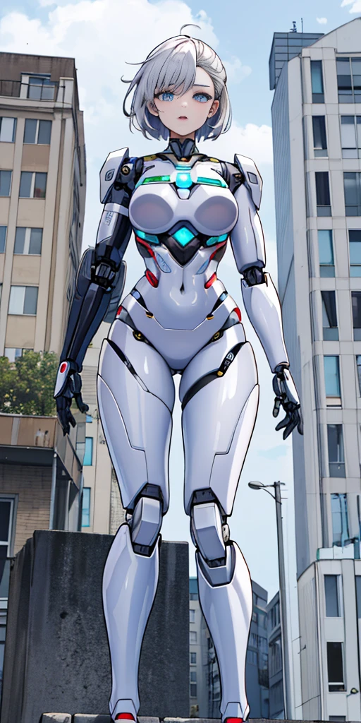 There is a woman in a robot suit posing next to an ancient building, Beautiful white girl half cyborg, Cute cyborg girl, Beautiful girl cyborg, Perfect Robot Girl, Cyborg girl, Young cyborg grady, Beautiful Female Robot, Beautiful robot woman, cyborg girl, perfect cyborg female, porcelain cyborg, Female robot, Beautiful cyborg images