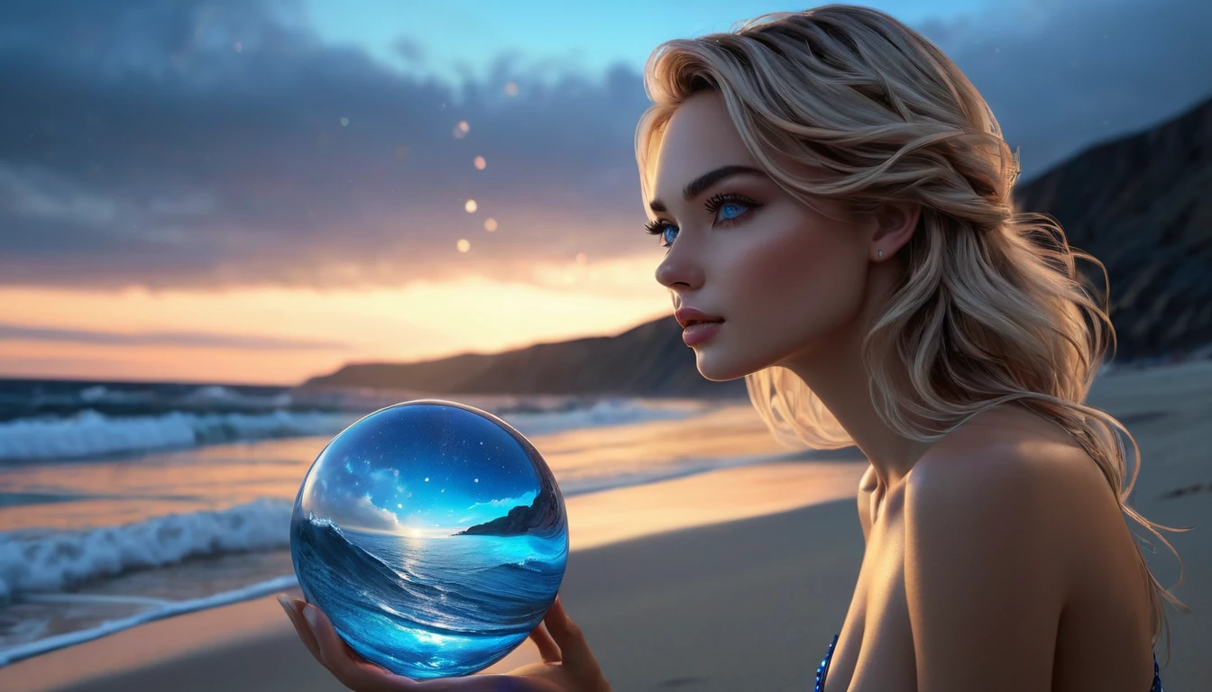 On the beach, a girl in a blue bikini holds a glass ball and looks at it, emitting the glow of a galactic storm. Her presence emits a shimmering aura, seamlessly merging with the ethereal manifestation within the sphere. Sand, sea and stars converge in a scene of surreal beauty where the earthly meets the heavenly in a harmonious embrace. A luminous aura forms around the girl.Profile Angle. Young adult, [Nordic:Icelandic:0.5], age 25, Hourglass elongated sexy fitness body, perfect Olive skin, Oval Face, Long neck, Rounded shoulders, long slim fitness arms, Attached Pointed ears, round forehead, Short blonde Beach Waves pixie haircut Parting centre hair, snub nose, Arched Thin eyebrows, Monolid Eyes, High Round Narrow Symmetrical cheekbones, Dimpled Cheeks, Rounded Chin, Rounded Jawline, Fine Puppet Wrinkles, Smooth Nasolabial Folds, Full nude Lips, (blue eyes), Nude Makeup Look, 8k, vray, IMax, hyperrealism, perfect light, bokeh Carl Zeiss 85mm, small depth of field, photorealistic, masterpiece, high resolution, best quality, cinematic shot, ultra-detailed, super realistic, Hyperrealistic art, high-quality, ultra high res, highest detailed, lot of details, Extremely high-resolution details, photographic, realism pushed to extreme, incredibly lifelike,

atmospheric perspective (focus on face),
realistic skin, soft light, detailed skin, colourful, soft cinematic light, 
